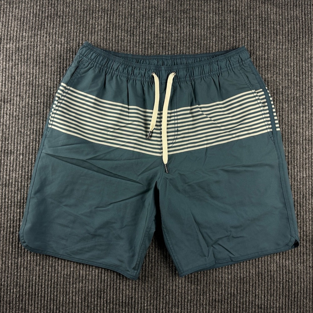 Fair Harbor Mens The Anchor Swim Trunks Teal Blue Striped 7 Inch Inseam Large